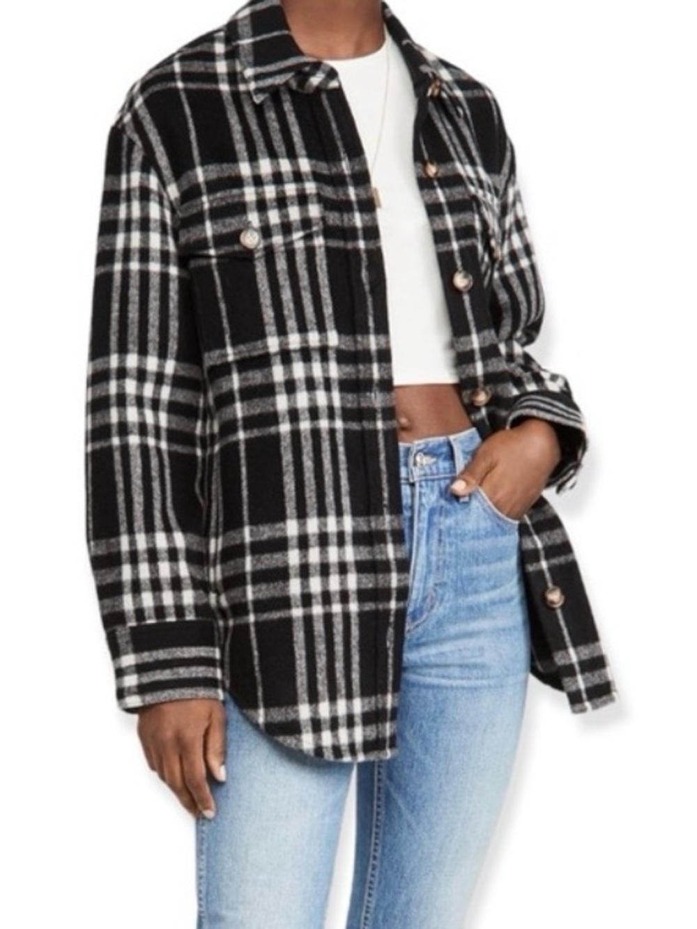 Reformation Giles Jacket Oversized Wool Shacket Coat Black White Plaid Small